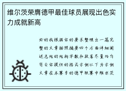 维尔茨荣膺德甲最佳球员展现出色实力成就新高 维尔茨荣膺德甲最佳球员展现出色实力成就新高